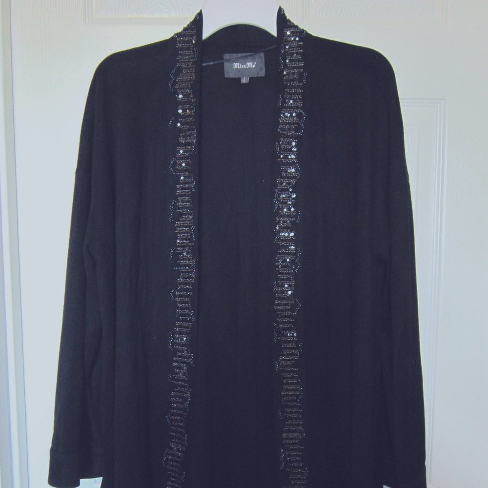 Miss Me Beaded Faux Suede Black Boho Open Front Jacket Drape Size Large